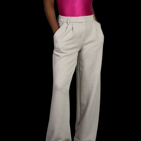 Express Stylist High Rise Pleated Wide Leg Trouser Beige Knit Cuffed Pant 2 Long - Picture 2 of 15